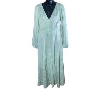 Maniju Diana sage button modest midi dress large New satin puff sleeve